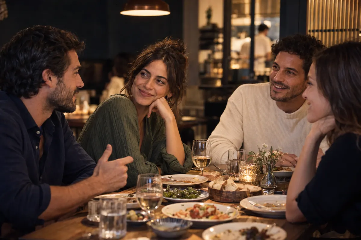 Cuatro amigos conversando durante una cena